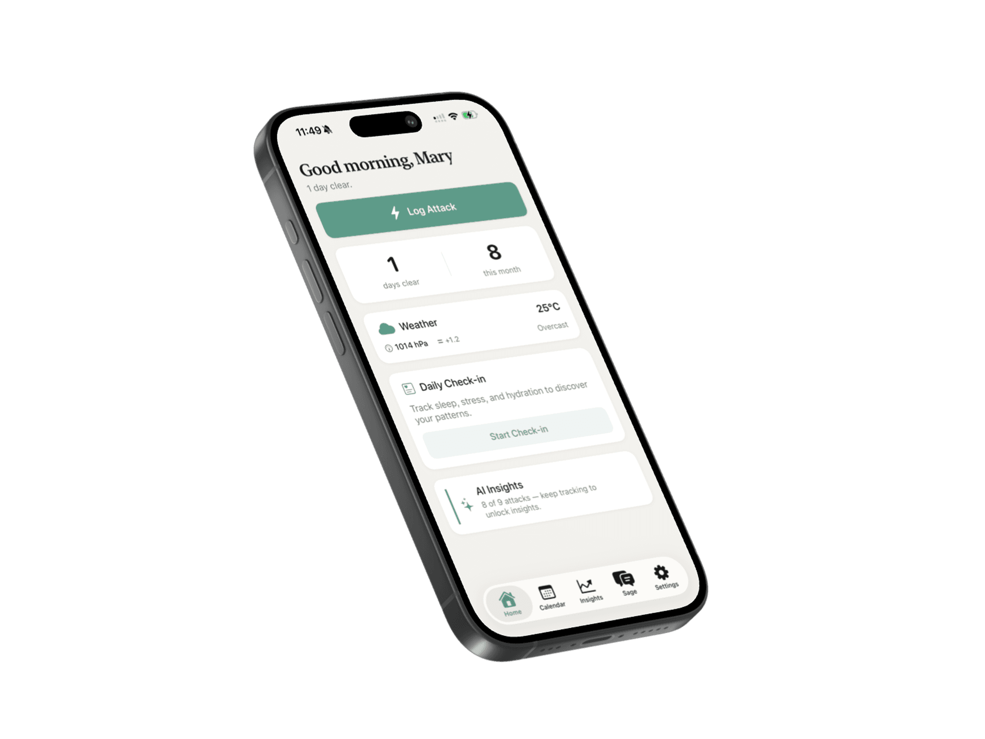 Haven app home screen showing migraine tracking dashboard